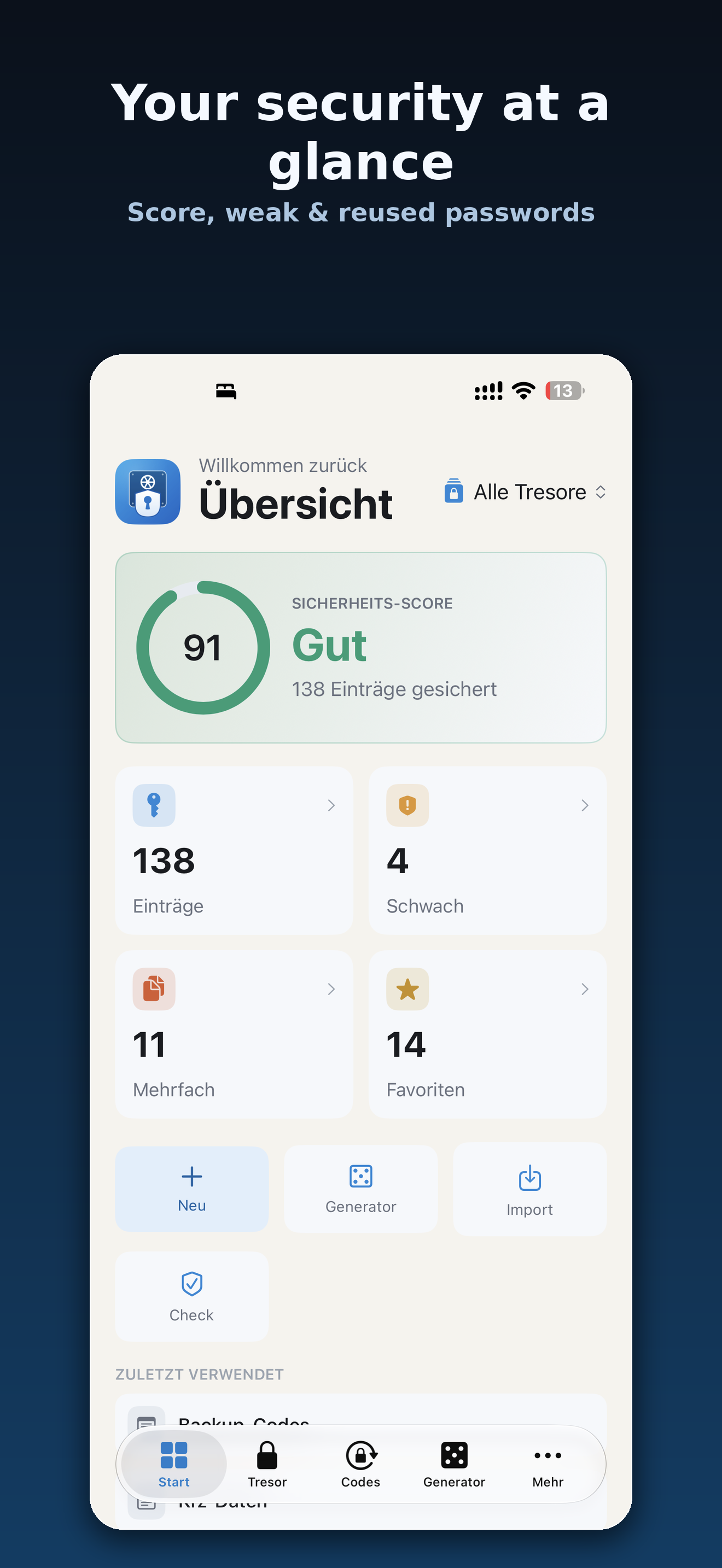 KeyNook overview with security score
