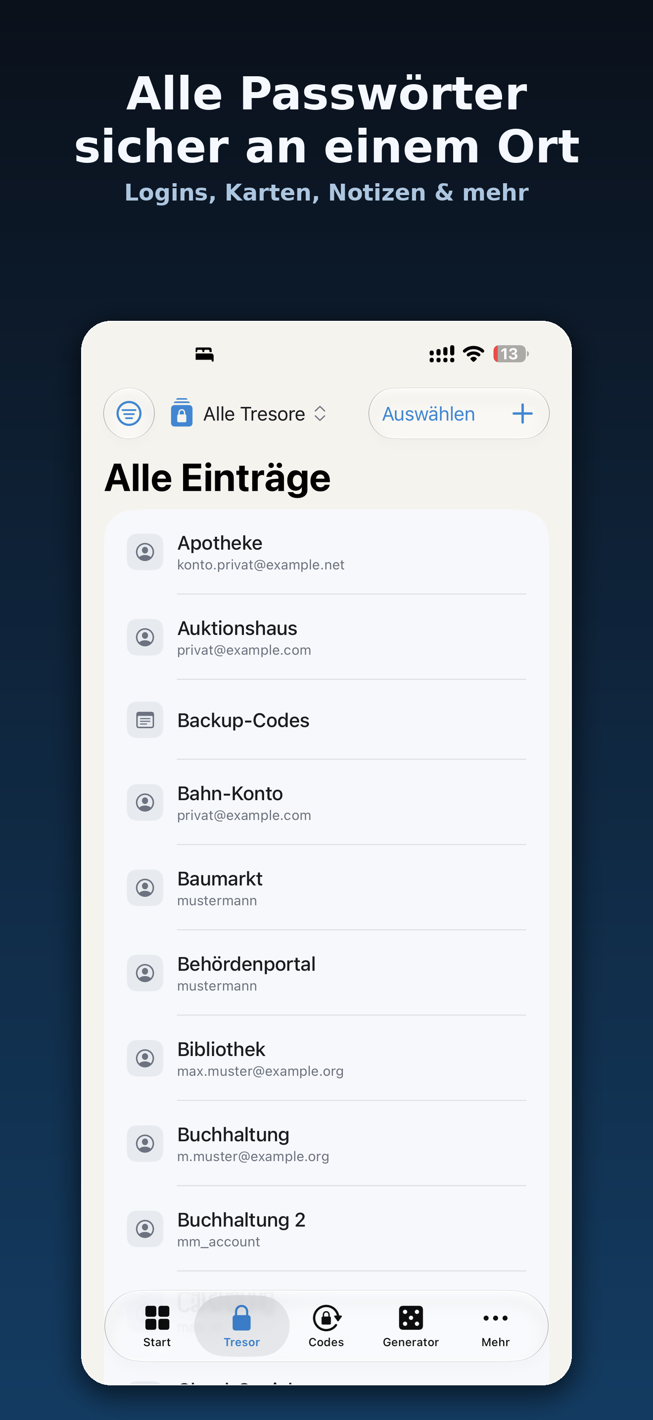 KeyNook Tresor mit allen Einträgen