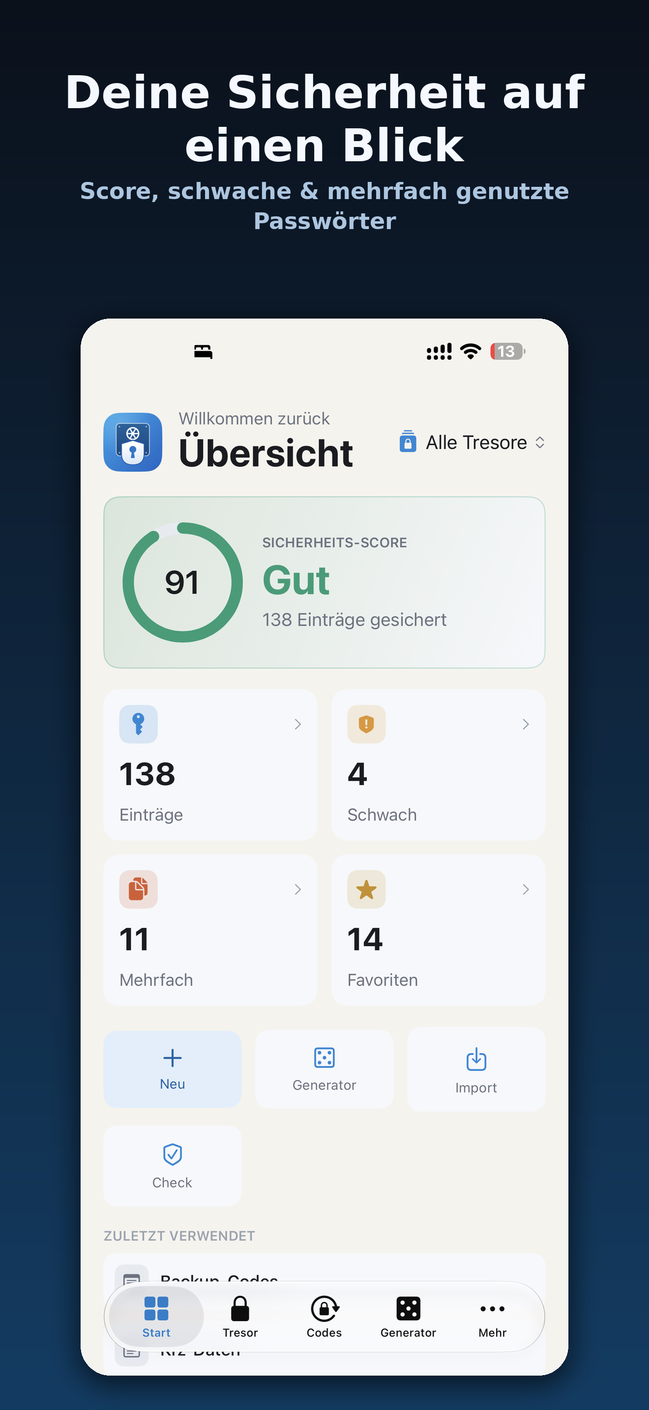 KeyNook Übersicht mit Sicherheits-Score
